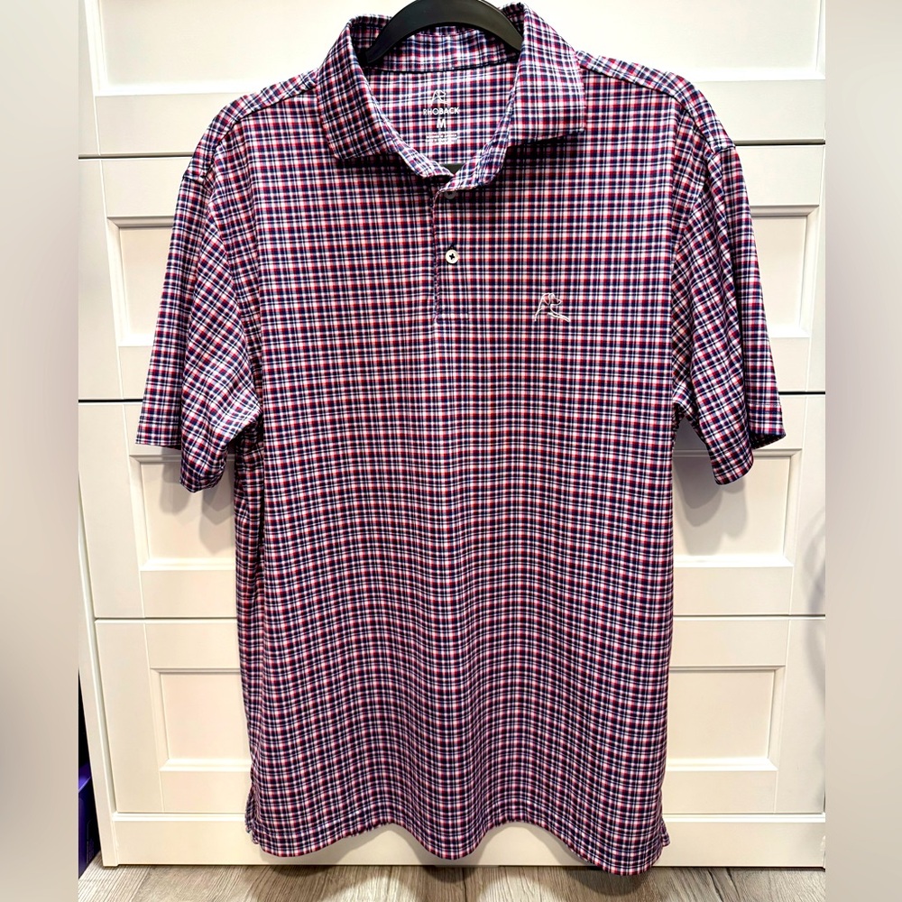 Rhoback Red and Blue Plaid Polo Shirt, Size Medium.